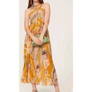 Ted Baker Ansa Cross Pleated Midi Dress Yellow Dark Orange Size 3 US 8